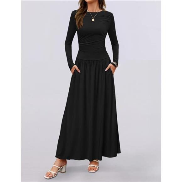 Women's Fall Long Sleeve Crewneck Maxi Dress - Casual Knit Slim Swing - Picture 4 of 7